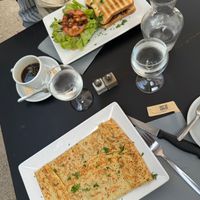 Vegan pancake (delicious) and vegan croque monsieur with aubergine at Le Square in Avignon