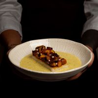 Terrine de arroz de coco, creme de quiabo, oguedê com eryngui  at PARCO in Salvador