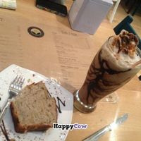 Soy hazelnut frappe and vegan banana cake at The Green Bean Coffee Shop in Yerevan