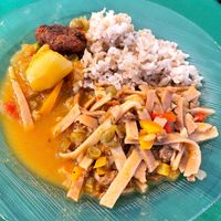 Main was brown rice with quinoa meatballs, and ají de fideo - he gave us a little bit of both   at Raul in Cochabamba