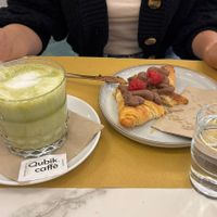 Vegan chocolate croissant and matcha latte   at Barbarella PLANT Bistro in Ljubljana