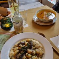 Gnocci with mushroom sauce & cream soup at Barbarella PLANT Bistro in Ljubljana