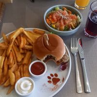 Burger with pulled mushroom and soy Schnetzel, fries and small salad. at Katzentempel - Trier  in Trier