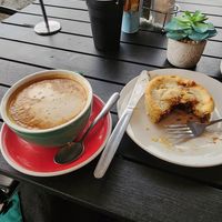 Soy latte + v mince pie at Cafe Nevé in Fox Glacier