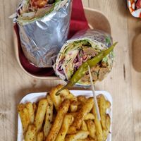 Chkn shawarma and seasoned fries at SEITANIC @ Chew's Yard in Preston