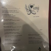 Menu 10/29 all items with a V are vegan   at Fancy's in Burlington
