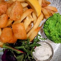 Battered jackfruit with chips and smashed peas at The Sheppey in Wells