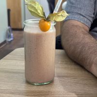 Husband’s smoothie (strawberry banana? Delicious)  at Vegan Backyard in Berlin