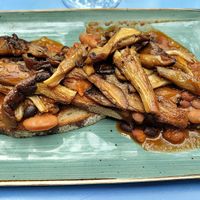 Fried oyster mushrooms with beans at Jawed's Remise in Luebeck
