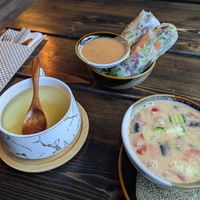 Yuzu tea + summer rolls with peanut sauce + spicy coconut soup at House of Vegan in Leipzig