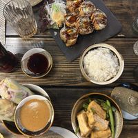 Summer rolls, crunchy tofu sushi, wok tofu with beans  at House of Vegan in Leipzig