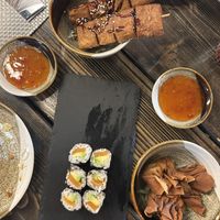 ‘Duck’ meat, salmon-avocado maki, fried tofu dough   at House of Vegan in Leipzig