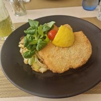 Schnitzel from selery. Delicious potatoes! at Santé in Mallorca