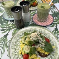 Scrambled Tofu and Matcha Lattee  at Santé in Mallorca