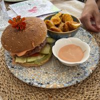 Vegan bean burger with sweet potato and avocadoo  at Santé in Mallorca