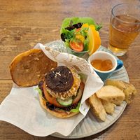 Tofu Burger with fries, salad, jelly, and oolong tea at Time 1939 - 時光 in Hualien