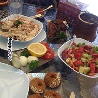 Vegan lunch for two (imam bayende is the eggplant dish, the chick pea and fried bread dish is fatte, plus Armenian salad and a side of falafels) at Lagonid in Yerevan