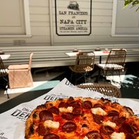 Pepperoni pizza with vegan pepperoni and house made mozzarella cheese.  at Nova Terra Kitchen & Creamery in Sebastopol