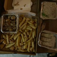 Vegan/GF Munchie Box (Salt & pepper chips, tofu & mushrooms); veggie rice noodles & veggie spring rolls (all vegan & GF)  at Sweet Mandarin in Manchester