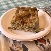 Vegan lasagna with artichokes and peas  at Agriturismo Vita da Pacos bioparco sociale merenderia ludoteca in Fano