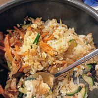 Delicious bibimbap that I couldn't stop eating 🙈 at Moon in Sevilla