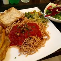tomato pasta, tempura veg, tofu lasagne and boiled veg at Makro Vega in Split