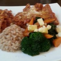 Daily menu was a soup followed by this main course of Gnocchi with seitan, tempura, veggies and rice. Don't forget to order one of their fresh juices! Menu can be ordered vegan or vegetarian.  at Makro Vega in Split