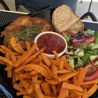 Seitan steak with sweet potato fries  at Makro Vega in Split