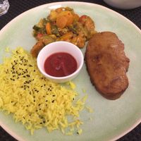 Seitan stake with veg, rice and salad at Makro Vega in Split