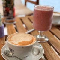 Cappuccino (Choice: Oat, Soy, Coco, Almond) and Milkshake (Strawberry or Chocolate)  at Arkateno in Omodos