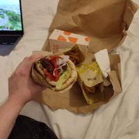 Falafel pitta and chips at OPA in Tirana