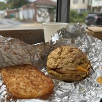 Ham, egg & chz biscuit w/hash brown   at Tiny Vegan in Richmond