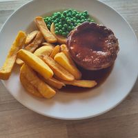 Keralan Curry Pie with chips, peas and gravy at The Kingfisher Kitchen - WWT Slimbridge in Gloucester
