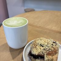 matcha latte and bun with plum and chocolatee  at Lewandi in Warsaw