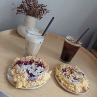 Malinówki (raspberry pastry) and coffee/chai latte at Lewandi in Warsaw