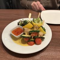 Veg skewers with sweet chilli sauce.  at Mona's  in Weymouth