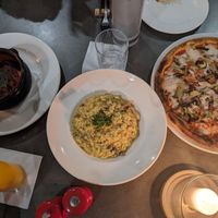 Baked eggplant, risotto, pizza with cashew cheeze at La Villa in Nairobi