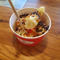 Veganes Softeis mit Schokostreusel, Haselnusskrokant und Erdbeersoße at Kännchenklein in Cottbus