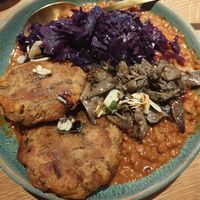 Knödel with lentil mushroom sauce, red cabbage and oyster mushrooms at Café & Kater in Traunstein
