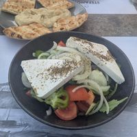 Vegan greek salad, with hummus & pitta at Stefanos Restaurant  in Rhodes
