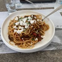 Spaghetti and vegan feta with vegetables  at Stefanos Restaurant  in Rhodes