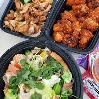 Soft noodles with vegan ham and tofu, spicy garlic cauliflower wings, and lemongrass chikn with Eggleston fried rice at Basil and Mint in Camarillo