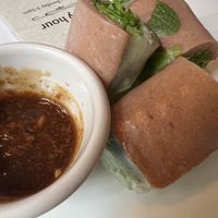 Off the Happy Hour menu.  Vegan Ham Springrolls. This is half the order; I ate the half already. I enjoyed it with the house made peanut sauce. #Veganuary at Basil and Mint in Camarillo
