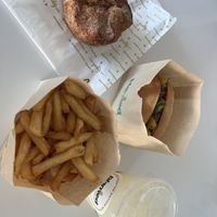Teri burger, fries, Kouign-amann & lychee lemonade   at La Tour Cafe - Queen St in Honolulu