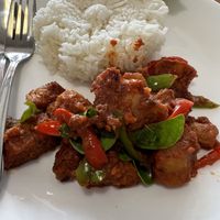 Curry stir fry (prik gang) with crispy “pork” belly  at Feel Good Cafe in Phitsanulok