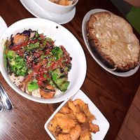 Vegan gf Buddah bowl, vegan gf sweet potato, vegatarian white pizza, vegan gf buffalo cauliflower at The Daily Kitchen & Bar in Richmond