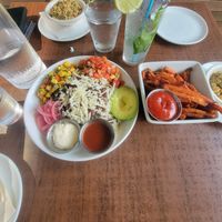 Spicy Avocado Salad & Sweet Potato Fries at The Daily Kitchen & Bar in Richmond