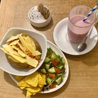 Vegan cheese and beans jacket potato and ‘Oat of this World’ smoothie at The Old Java Coffee House in Teignmouth