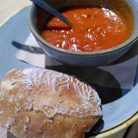 Tomato soup with roll (May 2024) at Marks and Spencer Café in Aberystwyth