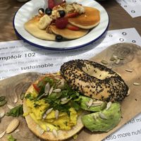 Vegan pancakes + vegan breakfast bagel   at Comptoir 102 in Dubai